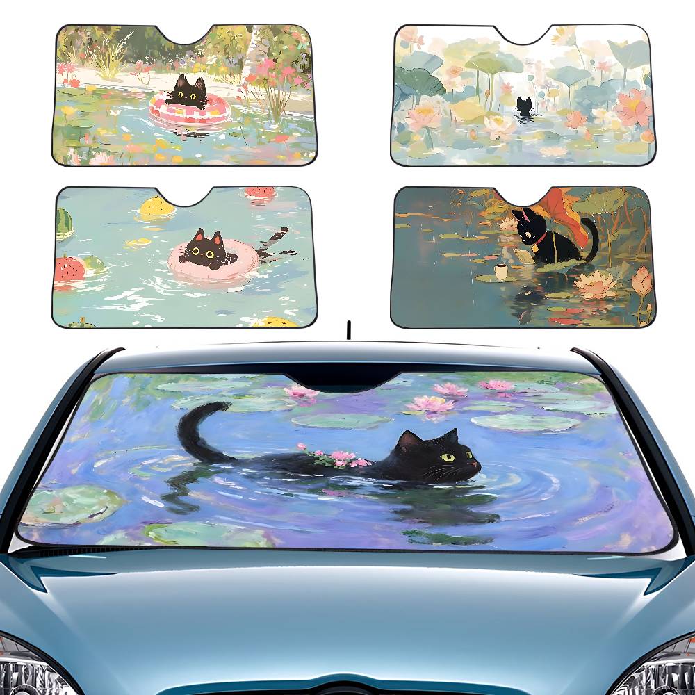 Windshield Sun Shade - Cartoon Cat In Lotus Leaf Car